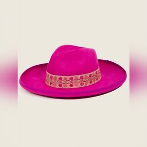 Women's Hot Pink Wide-Brim Fedora Hat with Decorative Band